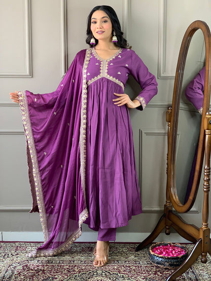 Rajwada Purple Embroidered Viscose Silk Stitched Kurta Salwar Set For Women