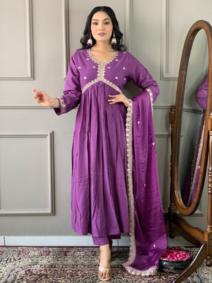 Rajwada Purple Embroidered Viscose Silk Stitched Kurta Salwar Set For Women