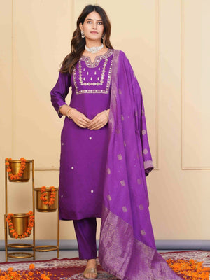 Rajwada Purple Viscose Embroidered Stitched Kurta Set For Women