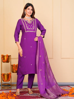 Rajwada Purple Viscose Embroidered Stitched Kurta Set For Women