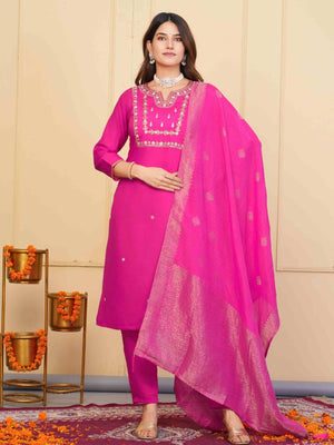 Rajwada Pink Viscose Embroidered Stitched Kurta Set For Women