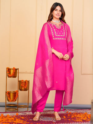 Rajwada Pink Viscose Embroidered Stitched Kurta Set For Women