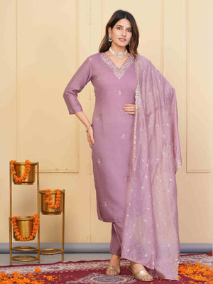 Rajwada Lavender Viscose Embroidered Stitched Kurta Set For Women