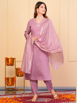 Rajwada Lavender Viscose Embroidered Stitched Kurta Set For Women