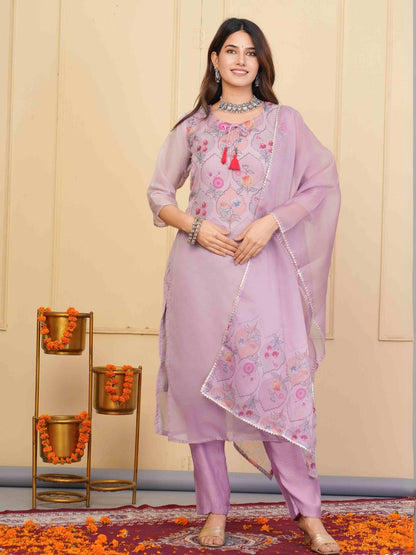 Rajwada Lavender Organza  Embroidered Stitched Kurta Set For Women