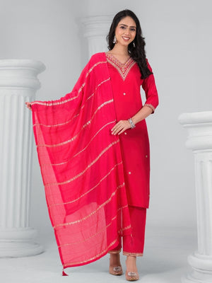 Rajwada Red Viscose Rayon Embroidered Stitched Kurta Set For Women