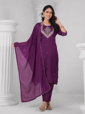 Rajwada Purple Viscose Rayon Embroidered Stitched Kurta Set For Women
