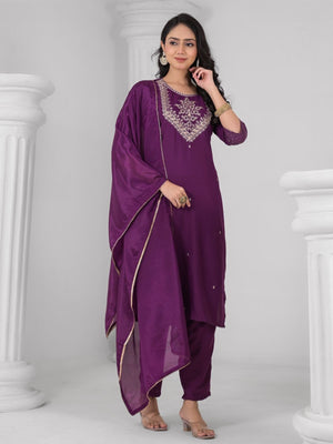 Rajwada Purple Viscose Rayon Embroidered Stitched Kurta Set For Women