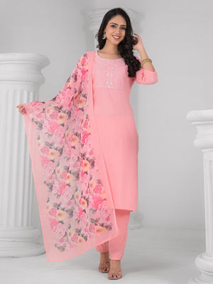 Rajwada Pink Viscose Rayon Embroidered Stitched Kurta Set For Women