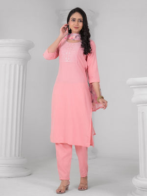Rajwada Pink Viscose Rayon Embroidered Stitched Kurta Set For Women