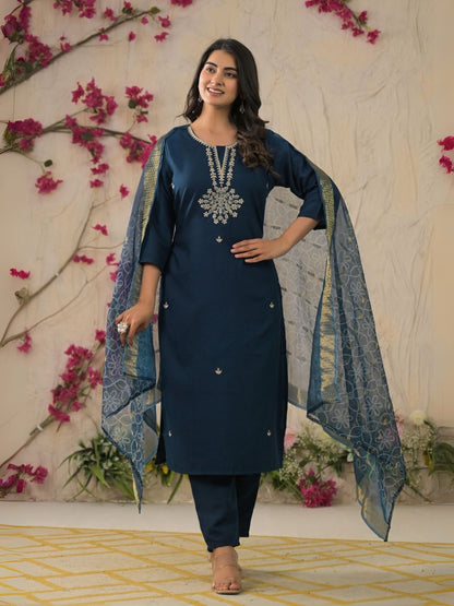 Rajwada Blue Viscose Rayon Embroidered Stitched Kurta Set For Women