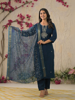 Rajwada Blue Viscose Rayon Embroidered Stitched Kurta Set For Women