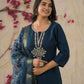 Rajwada Blue Viscose Rayon Embroidered Stitched Kurta Set For Women