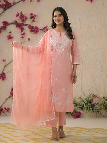 Rajwada Peach Cotton Blend Embroidered Stitched Kurta Set For Women