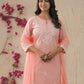 Rajwada Peach Cotton Blend Embroidered Stitched Kurta Set For Women