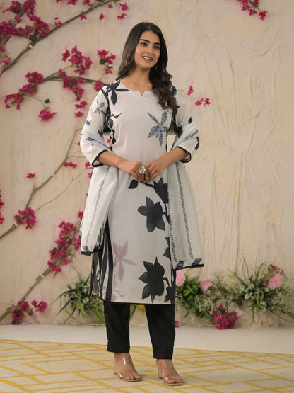 Rajwada Black & White Cotton Blend Printed Stitched Kurta Set For Women