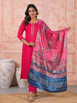 Rajwada Pink Viscose Rayon Embroidered Stitched Kurta Set For Women