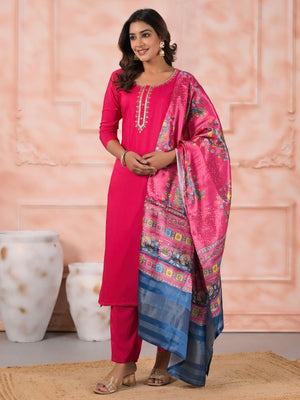 Rajwada Pink Viscose Rayon Embroidered Stitched Kurta Set For Women