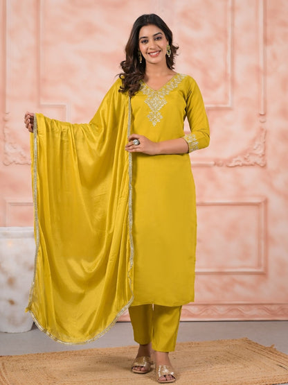 Rajwada Yellow Silk Blend Embroidered Stitched Kurta Set For Women