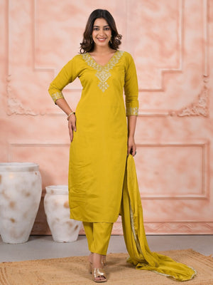 Rajwada Yellow Silk Blend Embroidered Stitched Kurta Set For Women