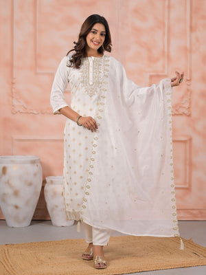 Rajwada White Viscose Rayon Embroidered Stitched Kurta Set For Women