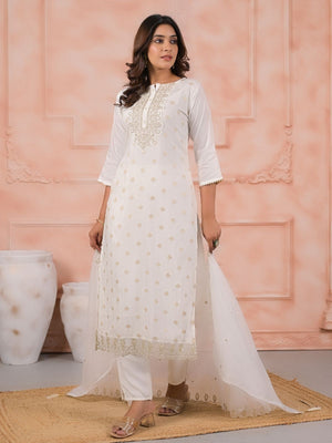Rajwada White Viscose Rayon Embroidered Stitched Kurta Set For Women