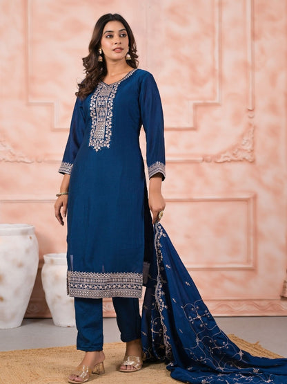 Rajwada Blue Silk Blend Embroidered Stitched Kurta Set For Women