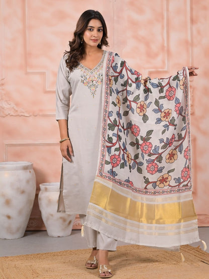 Rajwada Grey Viscose Rayon Embroidered Stitched Kurta Set For Women