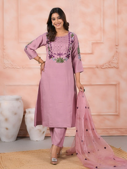 Rajwada Faded Pink Silk Blend Embroidered Stitched Kurta Set For Women