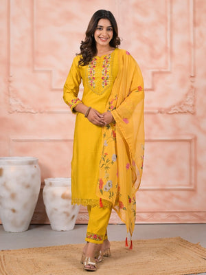 Rajwada Yellow Silk Blend Embroidered Stitched Kurta Set For Women