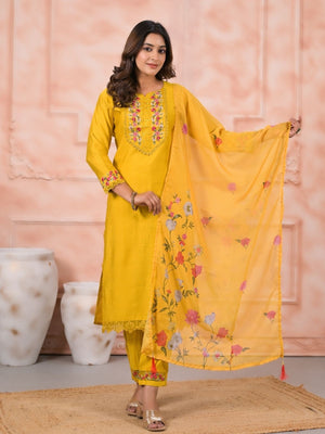 Rajwada Yellow Silk Blend Embroidered Stitched Kurta Set For Women