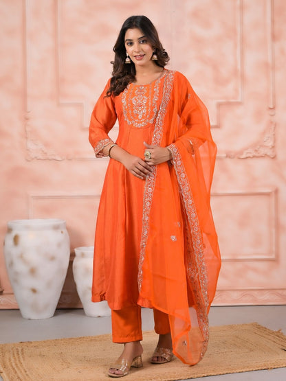 Rajwada Orange Silk Blend Embroidered Stitched Kurta Set For Women