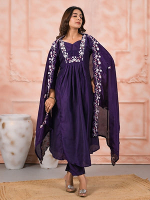Rajwada Purple Viscose Rayon Embroidered Stitched Kurta Set For Women