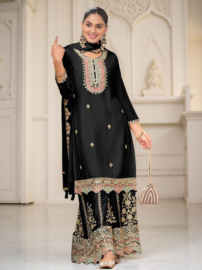Rajwada Black Chinon Embroidered Stitched Kurta Set For Women