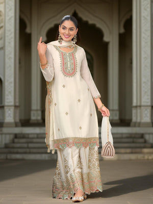 Rajwada White Chinon Embroidered Stitched Kurta Set For Women