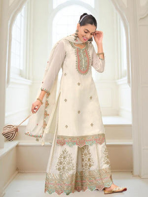 Rajwada White Chinon Embroidered Stitched Kurta Set For Women