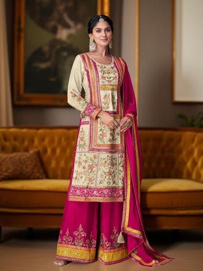 Rajwada Pink & Cream Chinon Embroidered Stitched Kurta Set For Women