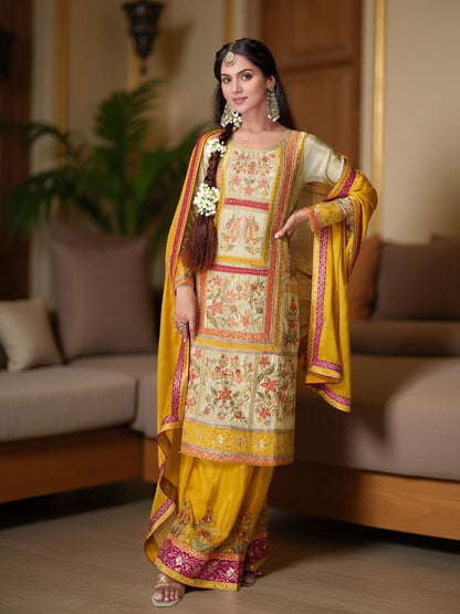 Rajwada Yellow Chinon Embroidered Stitched Kurta Set For Women