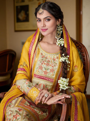 Rajwada Yellow Chinon Embroidered Stitched Kurta Set For Women