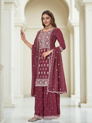 Rajwada Dusty Maroon Chinon Embroidered Stitched Kurta Set For Women