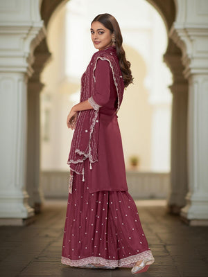 Rajwada Dusty Maroon Chinon Embroidered Stitched Kurta Set For Women