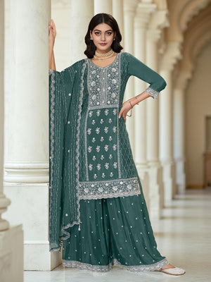 Rajwada Teal Green Chinon Embroidered Stitched Kurta Set For Women