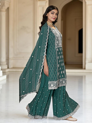 Rajwada Teal Green Chinon Embroidered Stitched Kurta Set For Women