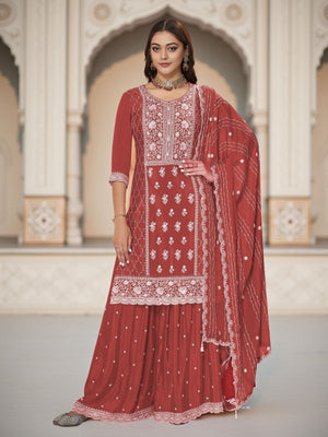 Rajwada Rust Orange Chinon Embroidered Stitched Kurta Set For Women
