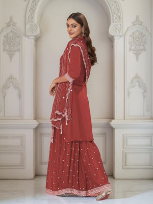Rajwada Rust Orange Chinon Embroidered Stitched Kurta Set For Women