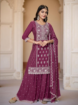 Rajwada Wine Chinon Embroidered Stitched Kurta Set For Women