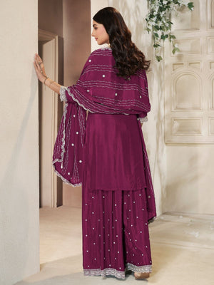 Rajwada Wine Chinon Embroidered Stitched Kurta Set For Women