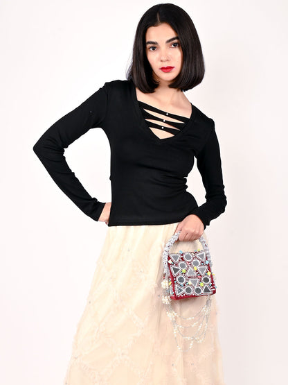 Rajwada Maroon Suede Embellished Clutch For Women