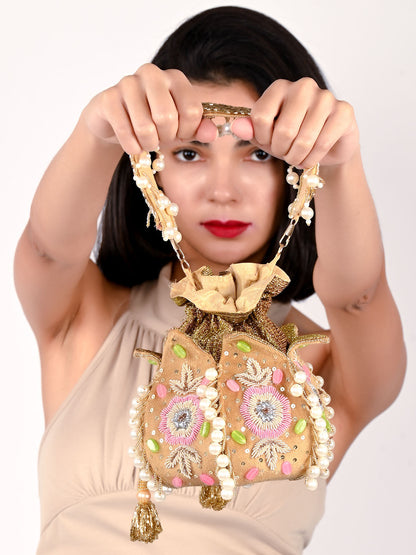 Rajwada Beige Suede Embroidered Lotus Potli For Women
