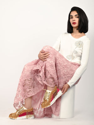 Rajwada Pink And Golden PU Embellished Shoes For Women